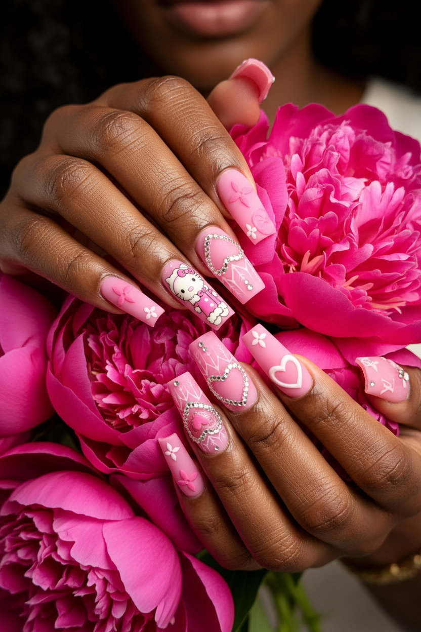 Dark-skin lifestyle kawaii kitty hot pink monogram crystal heart chain custom press-on nails holding pink peonies — LuxepressCo