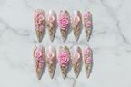 Flat lay top-down full set 10 luxury floral pearl press-on nails white marble — LuxepressCo