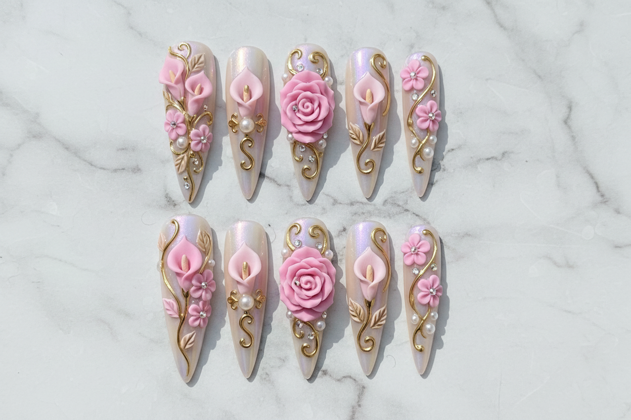 Flat lay top-down full set 10 luxury floral pearl press-on nails white marble — LuxepressCo