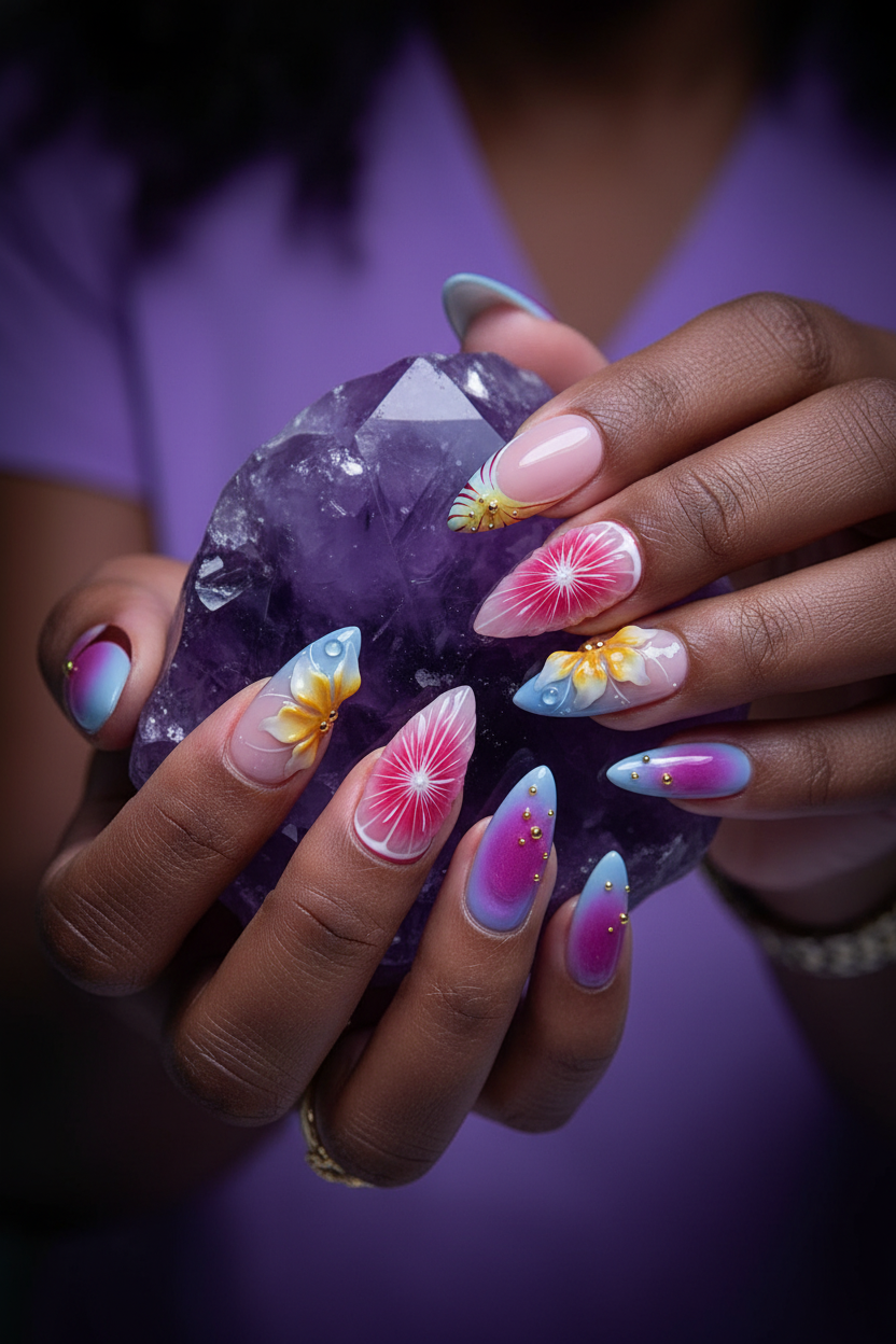 Dark skin hands wearing aurora daisy 3D floral custom press-on nails holding purple amethyst crystal — LuxepressCo