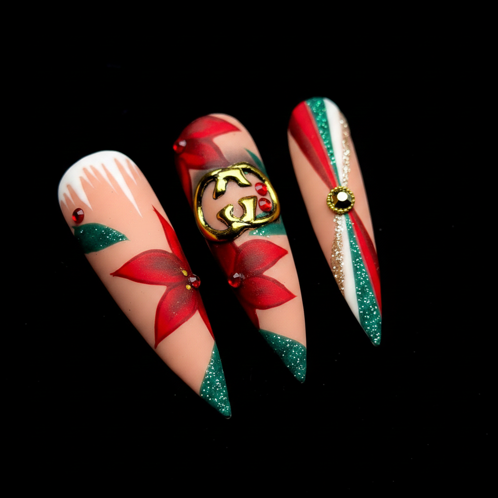 Macro close-up 3D gold charm red rhinestone poinsettia custom press-on nails stiletto — LuxepressCo