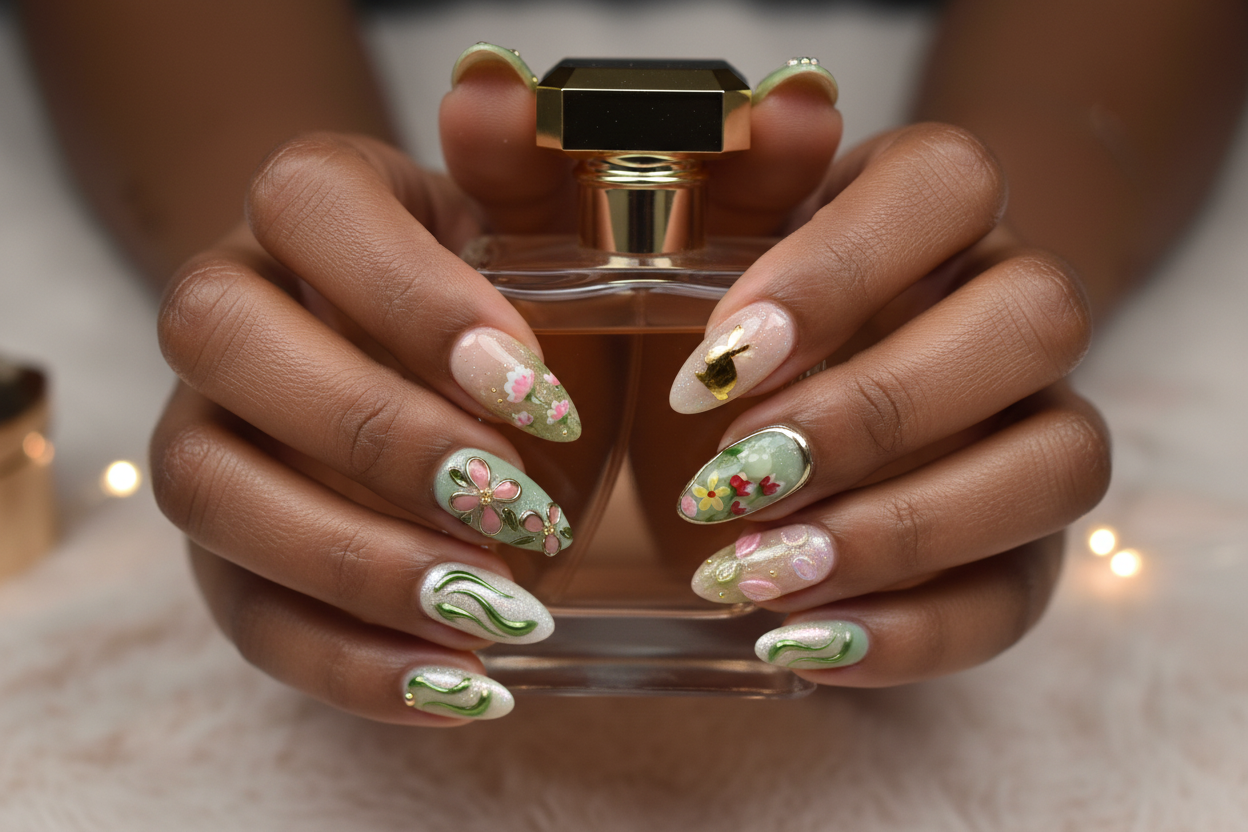 Dark-skin hands wearing sage green aurora dragonfly floral gold botanical custom press-on nails holding perfume — LuxepressCo