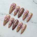 Full set 10 3D floral custom press-on nails pink orchid gold filigree rhinestone on marble — LuxepressCo