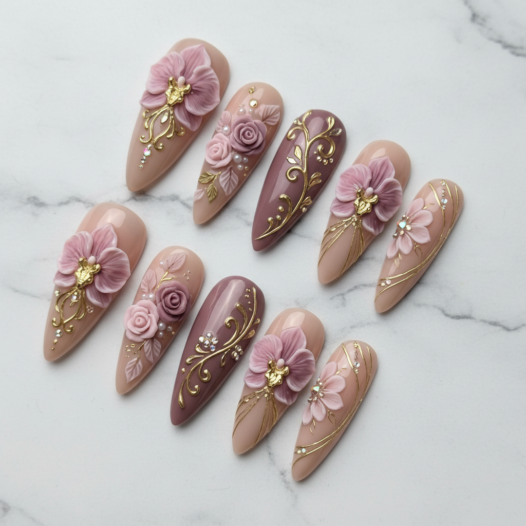 Full set 10 3D floral custom press-on nails pink orchid gold filigree rhinestone on marble — LuxepressCo