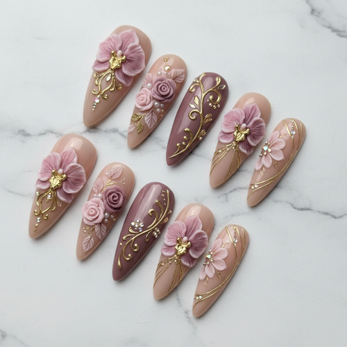 Full set 10 3D floral custom press-on nails pink orchid gold filigree rhinestone on marble — LuxepressCo