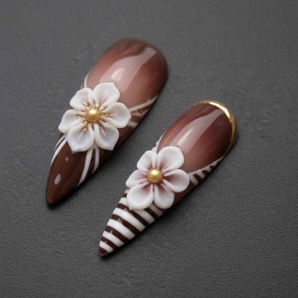 Macro close-up 3D white porcelain flower gold foil swirl custom press-on nails brown ombre — LuxepressCo