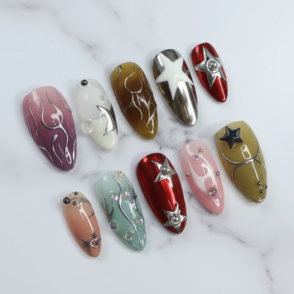 Chrome star silver flame Y2K almond custom press-on nails chrome red mauve olive full set on white marble — LuxepressCo