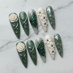 Sage green 3D floral butterfly custom press-on nails full set hero shot — LuxepressCo
