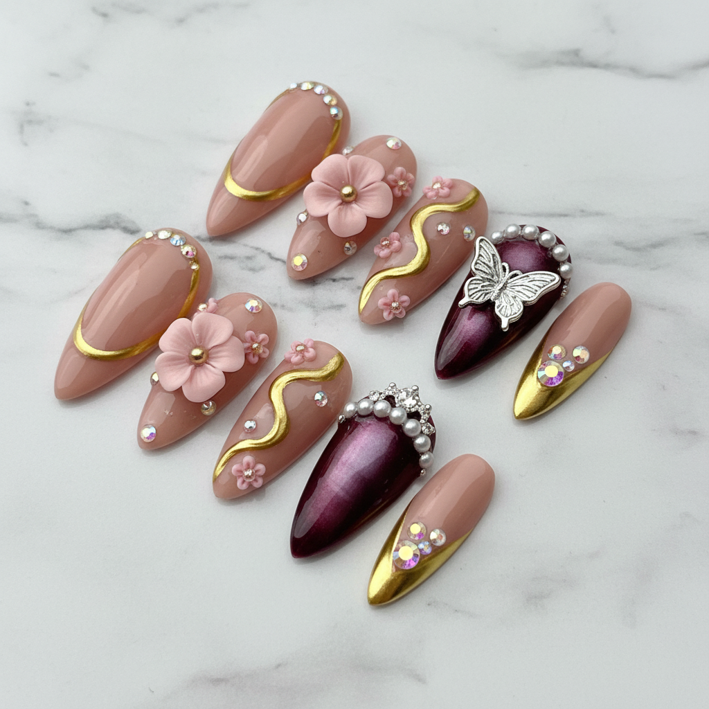 Burgundy butterfly gold swirl pink flower rhinestone full set 10 custom press-on nails studio marble — LuxepressCo