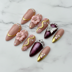Burgundy butterfly gold swirl pink flower rhinestone full set 10 custom press-on nails studio marble — LuxepressCo