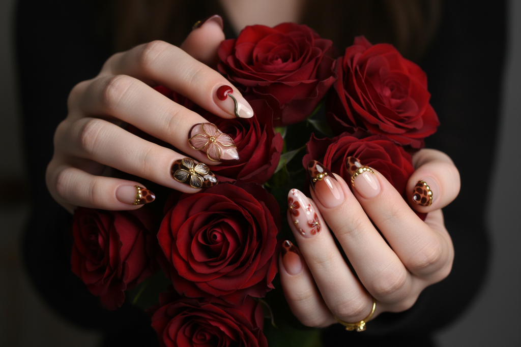 Fair-skin hands wearing dark cherry tortoiseshell almond gold flower butterfly custom press-on nails holding dark red roses — LuxepressCo