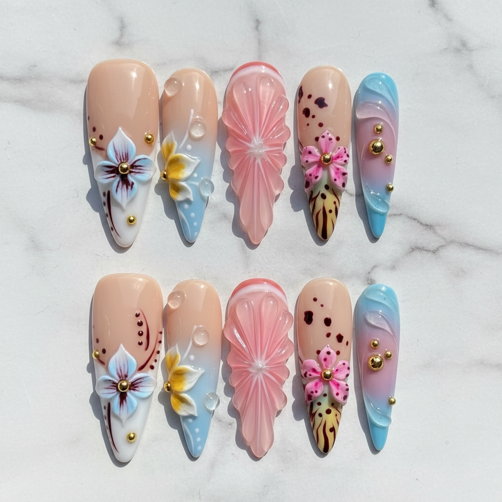 Flat lay top-down full set 10 3D floral sculptured custom press-on nails white marble — LuxepressCo