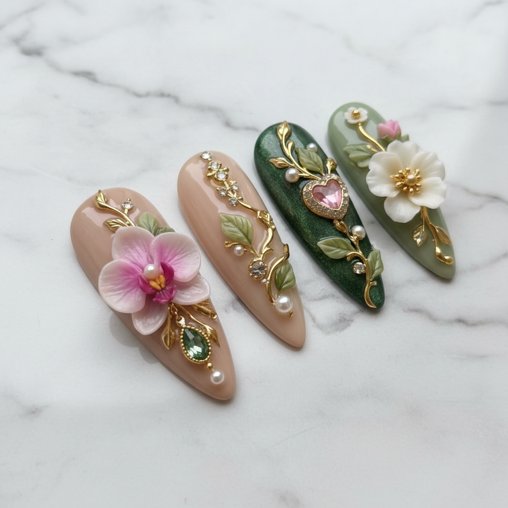 Close-up nude beige press-on nails with gold vine orchid pearl custom press-on nails — LuxepressCo