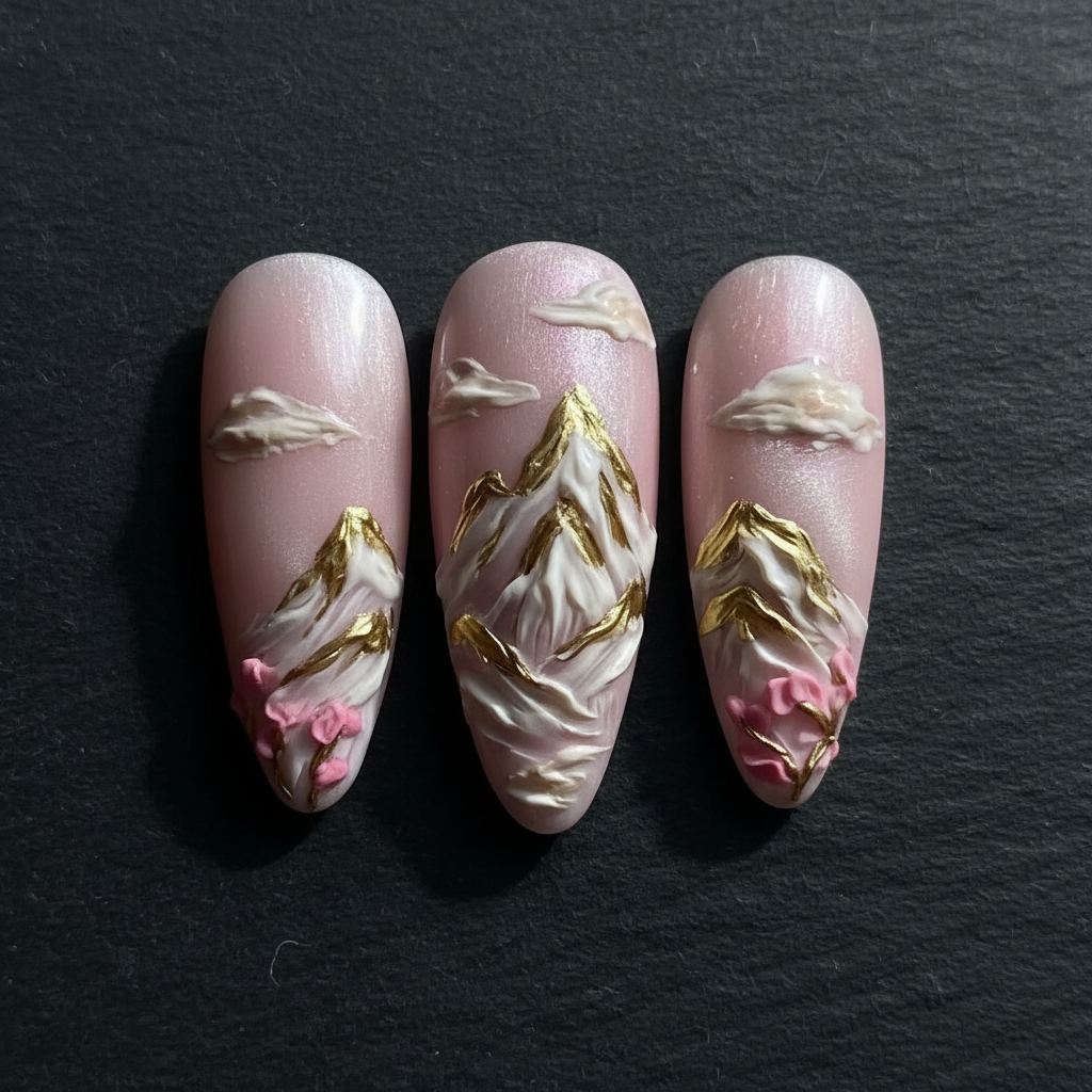 Close-up macro 3D mountain landscape gold foil blush pink custom press-on nails dramatic lighting — LuxepressCo