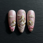 Close-up macro 3D mountain landscape gold foil blush pink custom press-on nails dramatic lighting — LuxepressCo