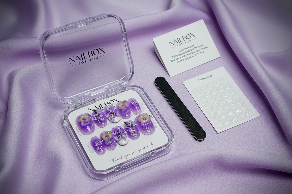 LuxepressCo purple glazed donut custom press-on nails unboxing acrylic box with accessories