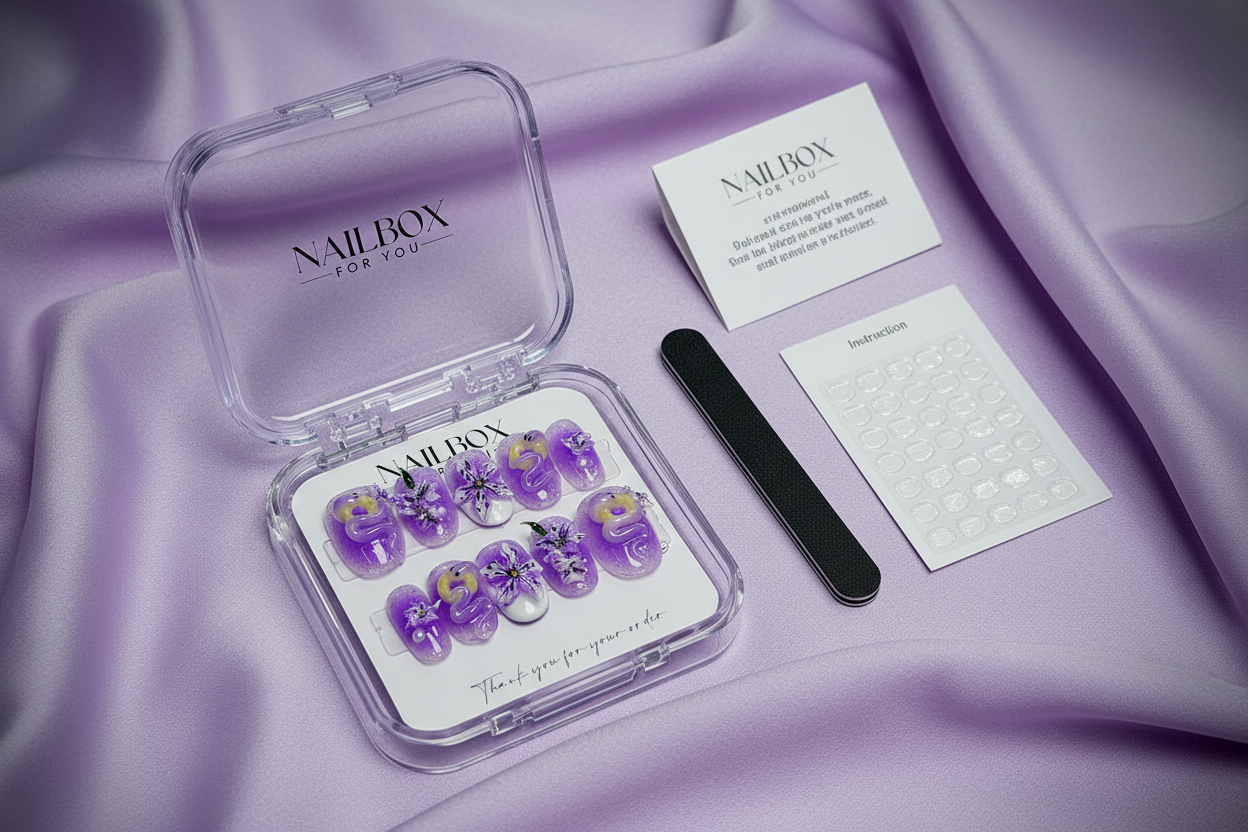 LuxepressCo purple glazed donut custom press-on nails unboxing acrylic box with accessories