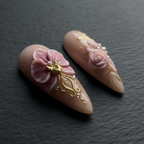 Macro close-up 3D pink orchid gold filigree custom press-on nails dramatic lighting — LuxepressCo