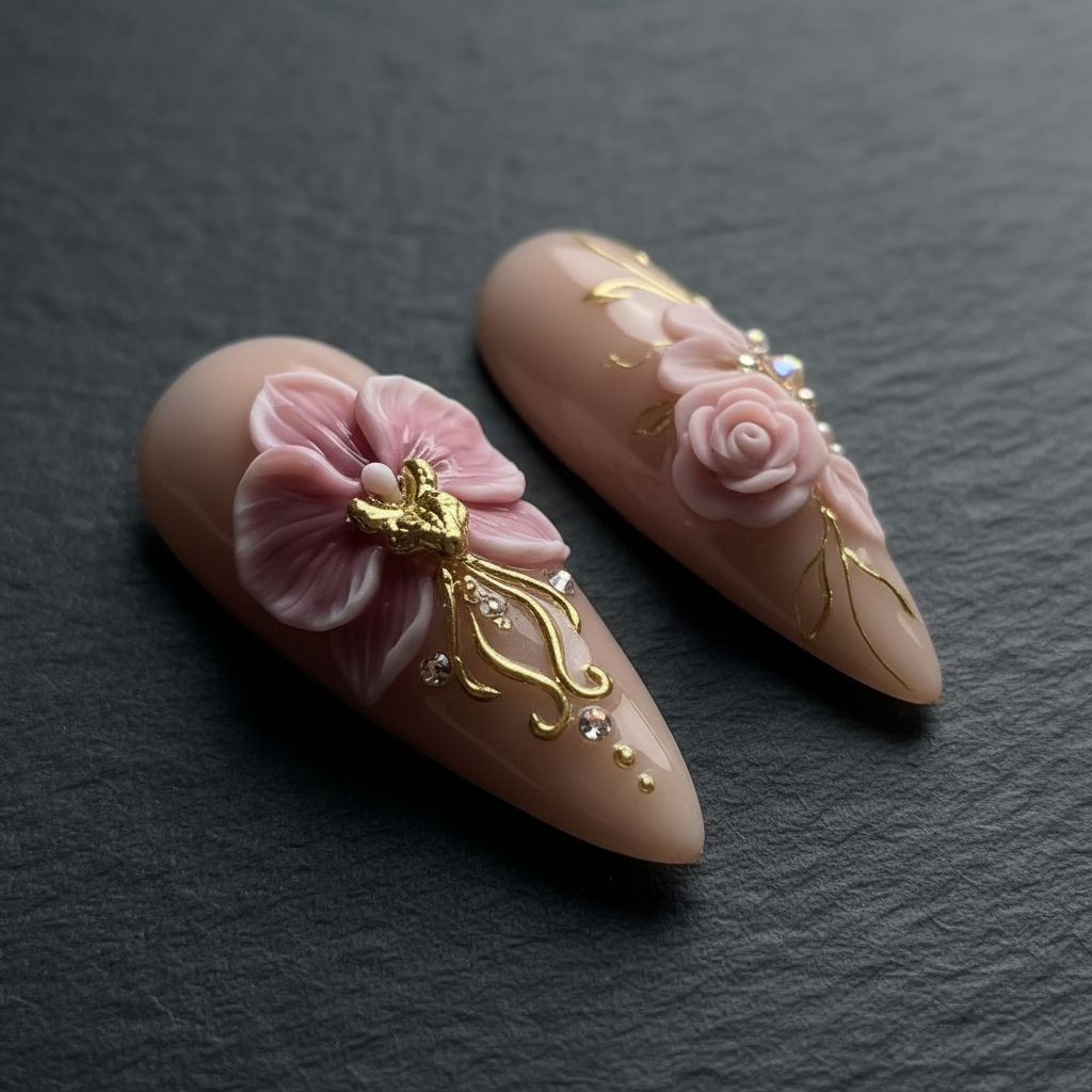 Macro close-up 3D pink orchid gold filigree custom press-on nails dramatic lighting — LuxepressCo