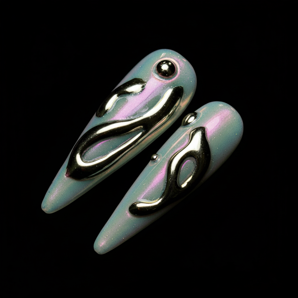Macro close-up 3D liquid metal gold black drip nail art chrome holographic detail — LuxepressCo