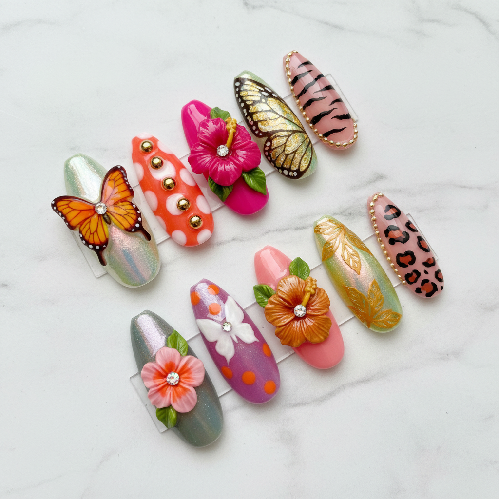 10-piece 3D tropical floral butterfly stiletto press-on nails full set on marble studio hero shot — custom press-on nails — LuxepressCo