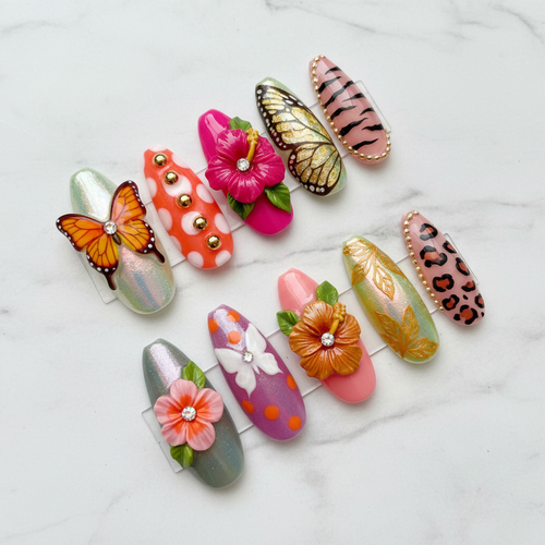 10-piece 3D tropical floral butterfly stiletto press-on nails full set on marble studio hero shot — custom press-on nails — LuxepressCo