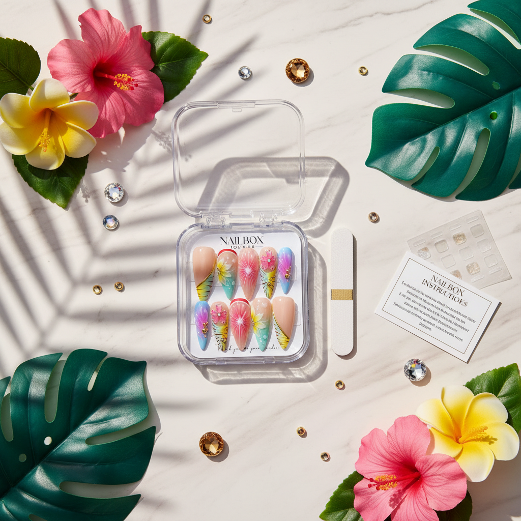 Luxury unboxing acrylic nail box hibiscus aurora stiletto press-on nails with pink yellow hibiscus flowers gold beads teal leaves crystal props — LuxepressCo