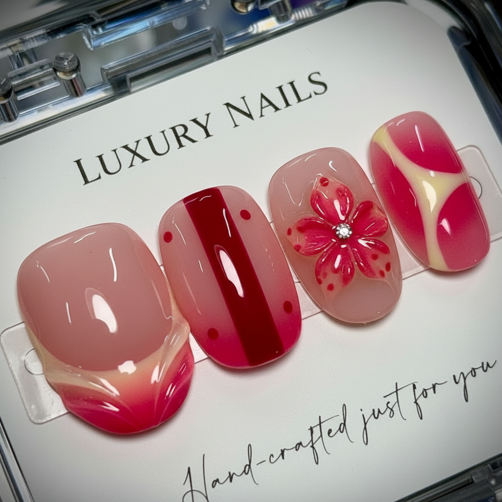 Macro close-up pink jelly gradient 3D cherry blossom rhinestone stripe salon-quality nails detail — LuxepressCo