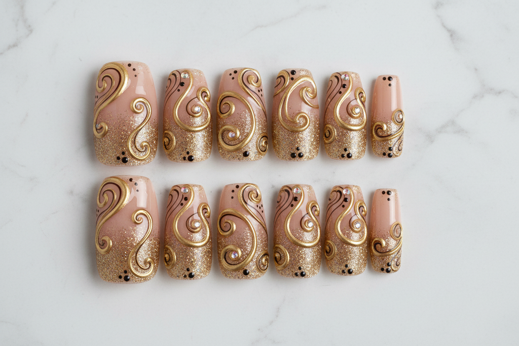 Flat lay top-down full set 10 gold rhinestone swirl press-on nails white marble — LuxepressCo