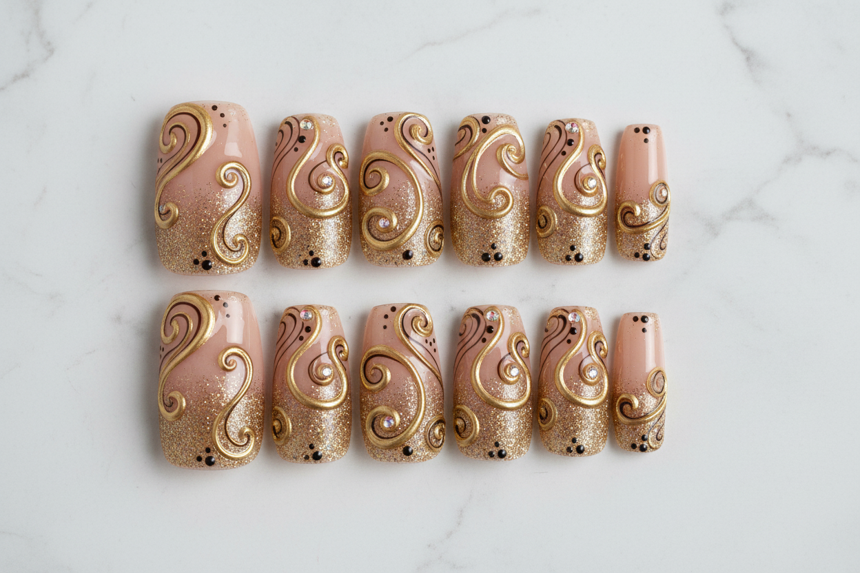 Flat lay top-down full set 10 gold rhinestone swirl press-on nails white marble — LuxepressCo