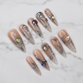 Nude silver chrome liquid metal wire abalone gem custom press-on nails stiletto full set on marble — LuxepressCo