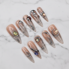 Nude silver chrome liquid metal wire abalone gem custom press-on nails stiletto full set on marble — LuxepressCo