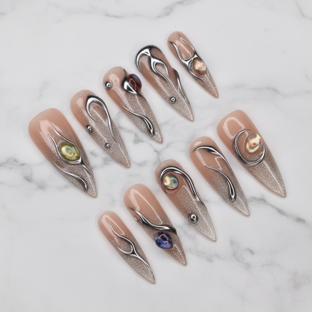 Nude silver chrome liquid metal wire abalone gem custom press-on nails stiletto full set on marble — LuxepressCo
