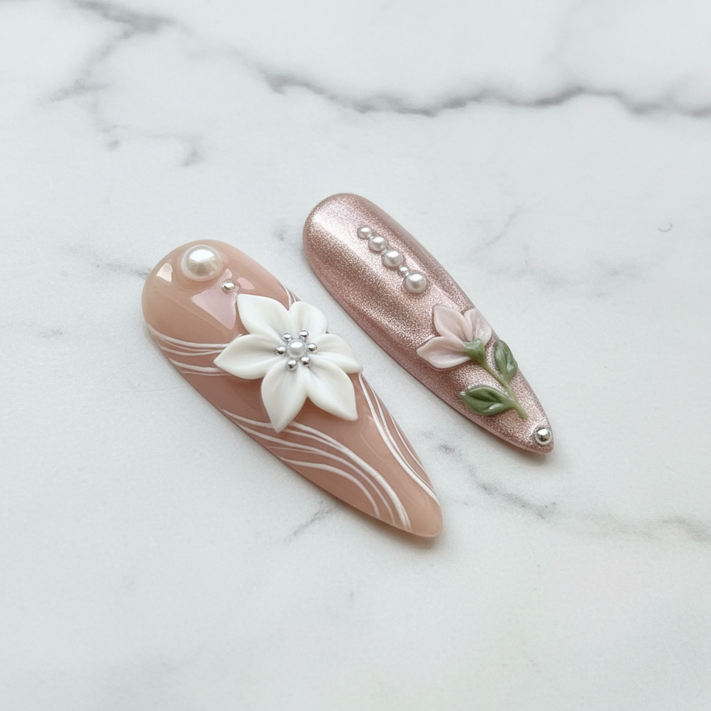 Macro pearl dome line art rose gold floral custom press-on nails blush pink — LuxepressCo