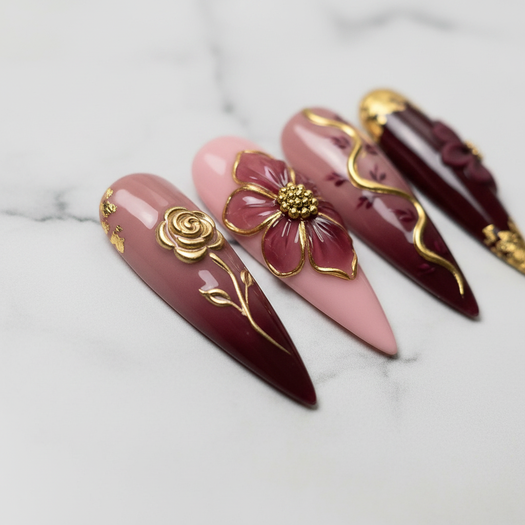 Macro gold metallic rose charm blush ombre gold vine art custom press-on nails marble — LuxepressCo