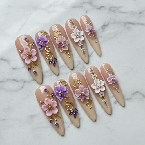 Full set 10 3D floral orchid press-on nails on marble background studio hero shot custom press-on nails — LuxepressCo