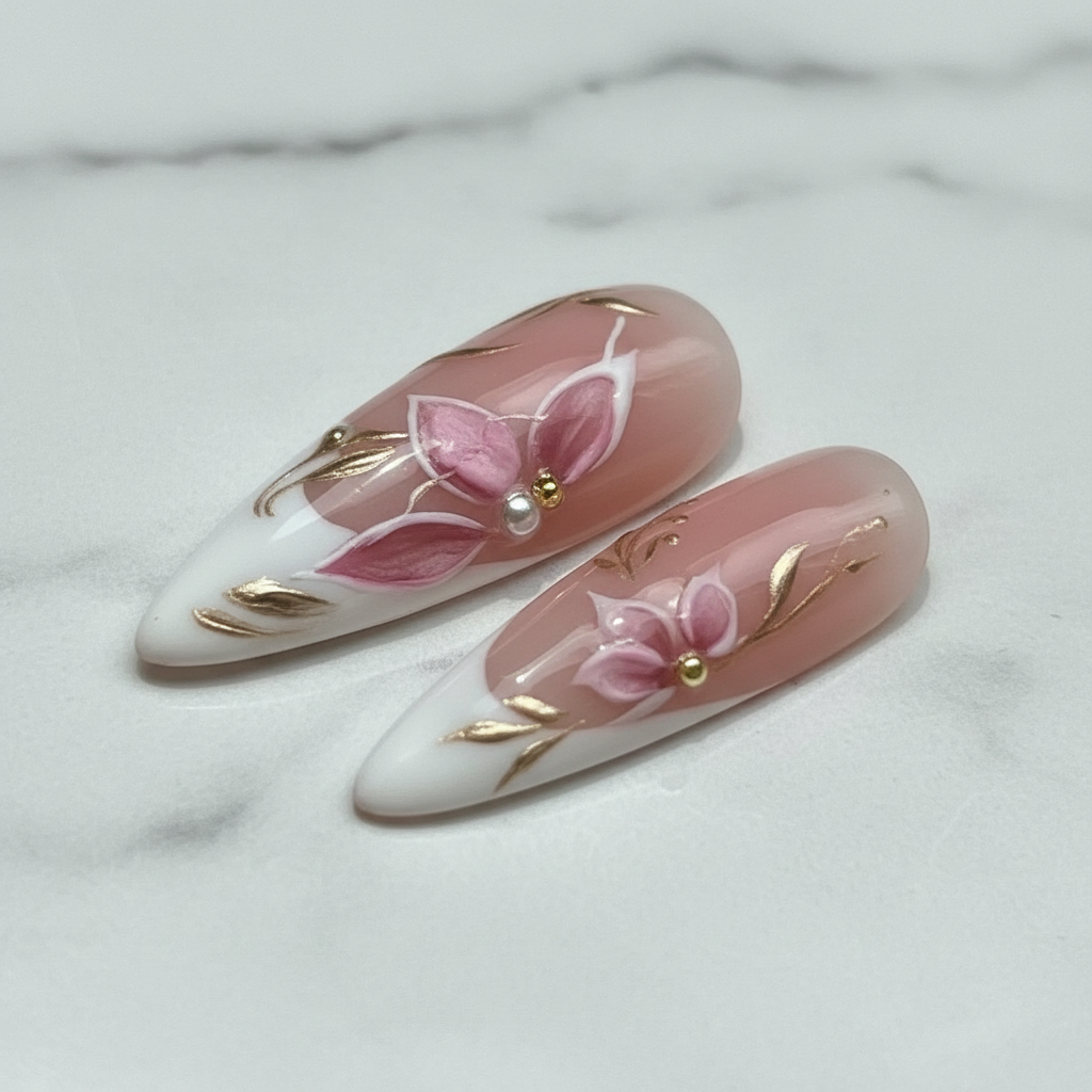 Macro close-up dusty rose French tip lily bloom gold vine reusable salon-quality nails marble background — LuxepressCo