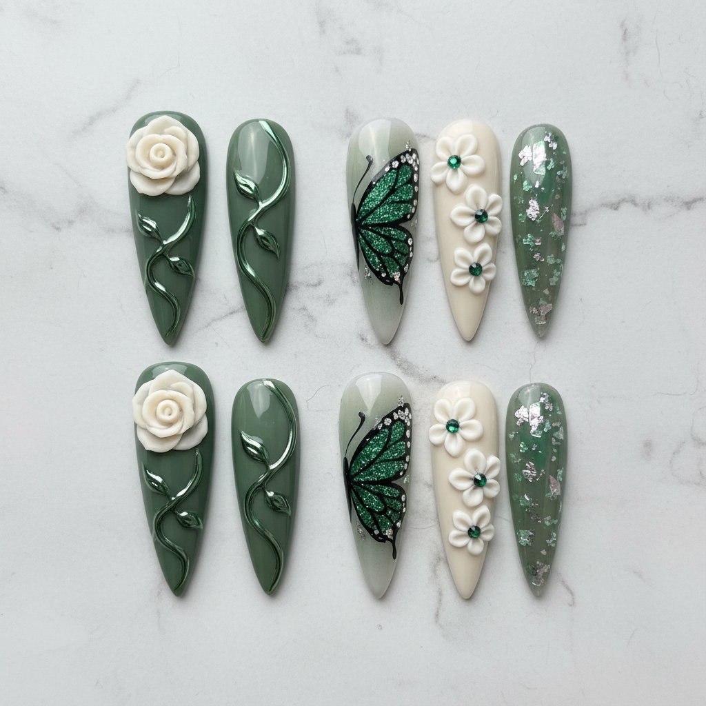 Sage green 3D floral butterfly press-on nails full set flat lay top-down studio — LuxepressCo