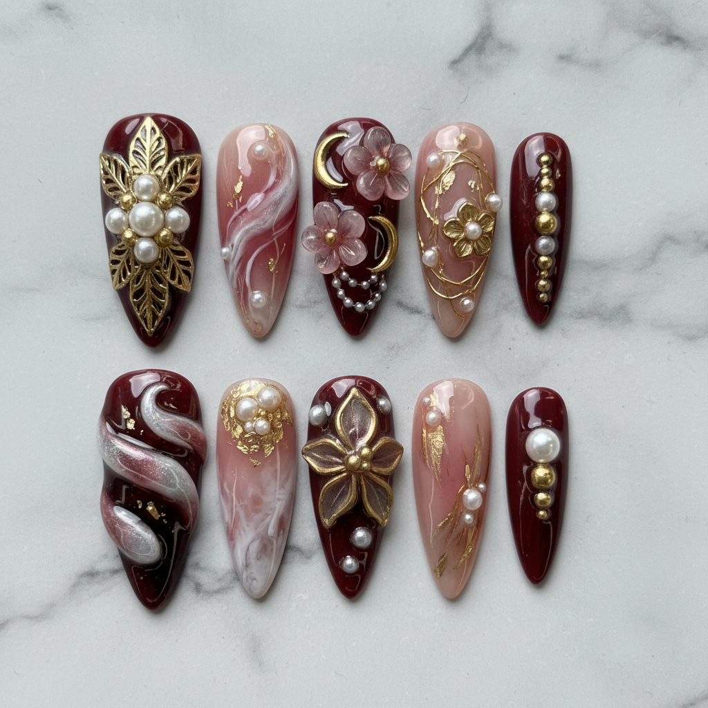 Flat lay top-down view 10 burgundy gold pearl 3D floral custom press-on nails — LuxepressCo