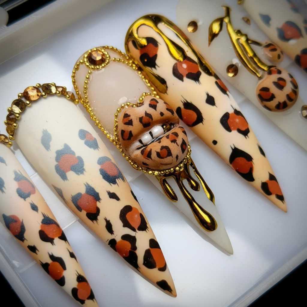 Macro close-up leopard print gold chrome drip crown chain amber rhinestone 3D sphere charm custom press-on nails stiletto — LuxepressCo