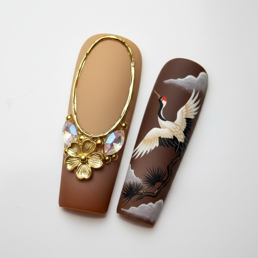 Macro close-up gold oval frame 3D flower charm iridescent gem Japanese crane pine tree art custom press-on nails — LuxepressCo