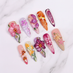 Orchid tulip mushroom maximalist stiletto 3D purple pink flower citrus custom press-on nails full set on white marble — LuxepressCo