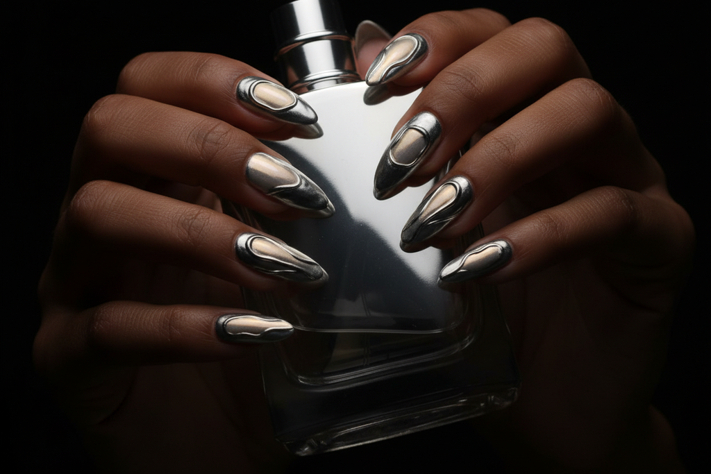 Dark-skin hands wearing liquid metal chrome reusable press-on nails holding silver metallic perfume bottle — LuxepressCo