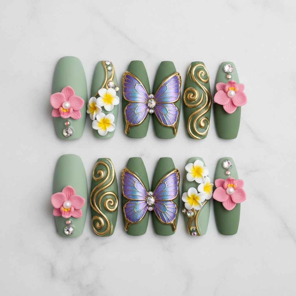 Flat lay top-down 10 sage green 3D butterfly orchid plumeria gold swirl custom press-on nails white marble — LuxepressCo