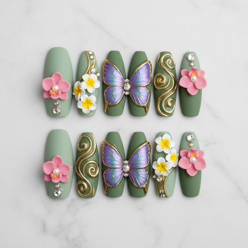 Flat lay top-down 10 sage green 3D butterfly orchid plumeria gold swirl custom press-on nails white marble — LuxepressCo