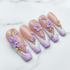 Macro gold vine branch bud accents pearl bead gold flower charm lavender French tip coffin reusable nails marble — LuxepressCo