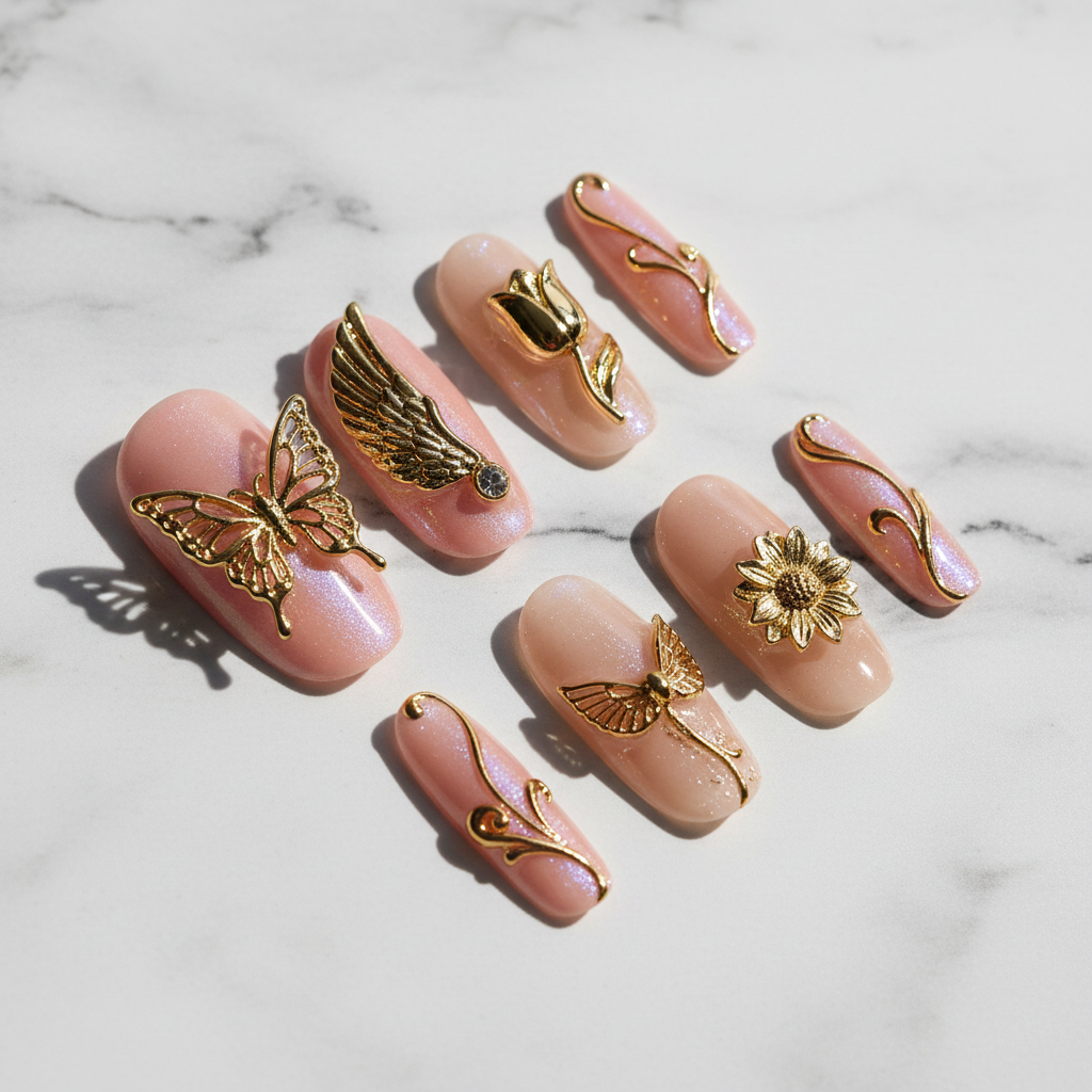 Gold chrome butterfly angel wing 3D custom press-on nails blush pink aurora full set studio hero — LuxepressCo