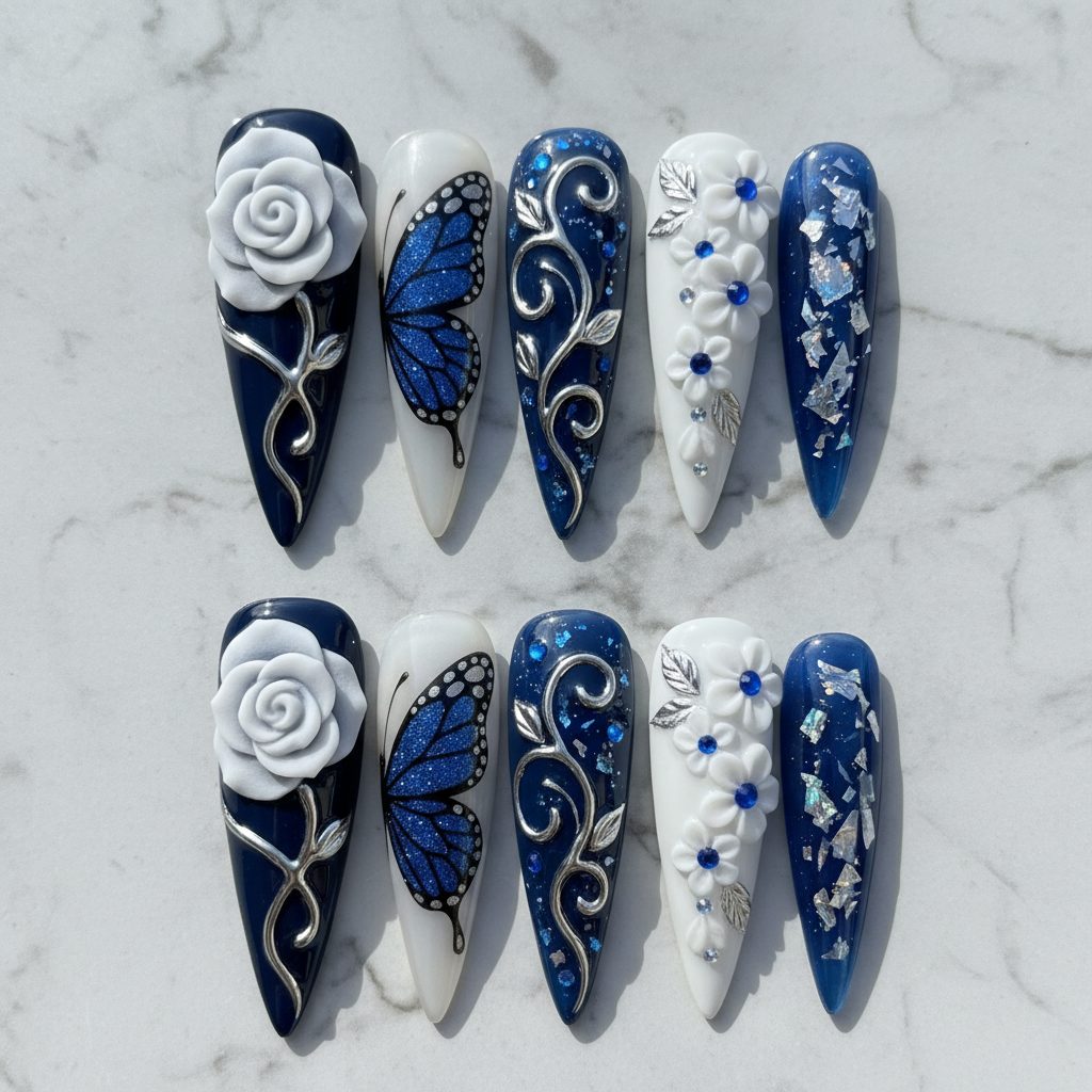 Navy blue 3D rose butterfly full set studio hero custom press-on nails white marble — LuxepressCo