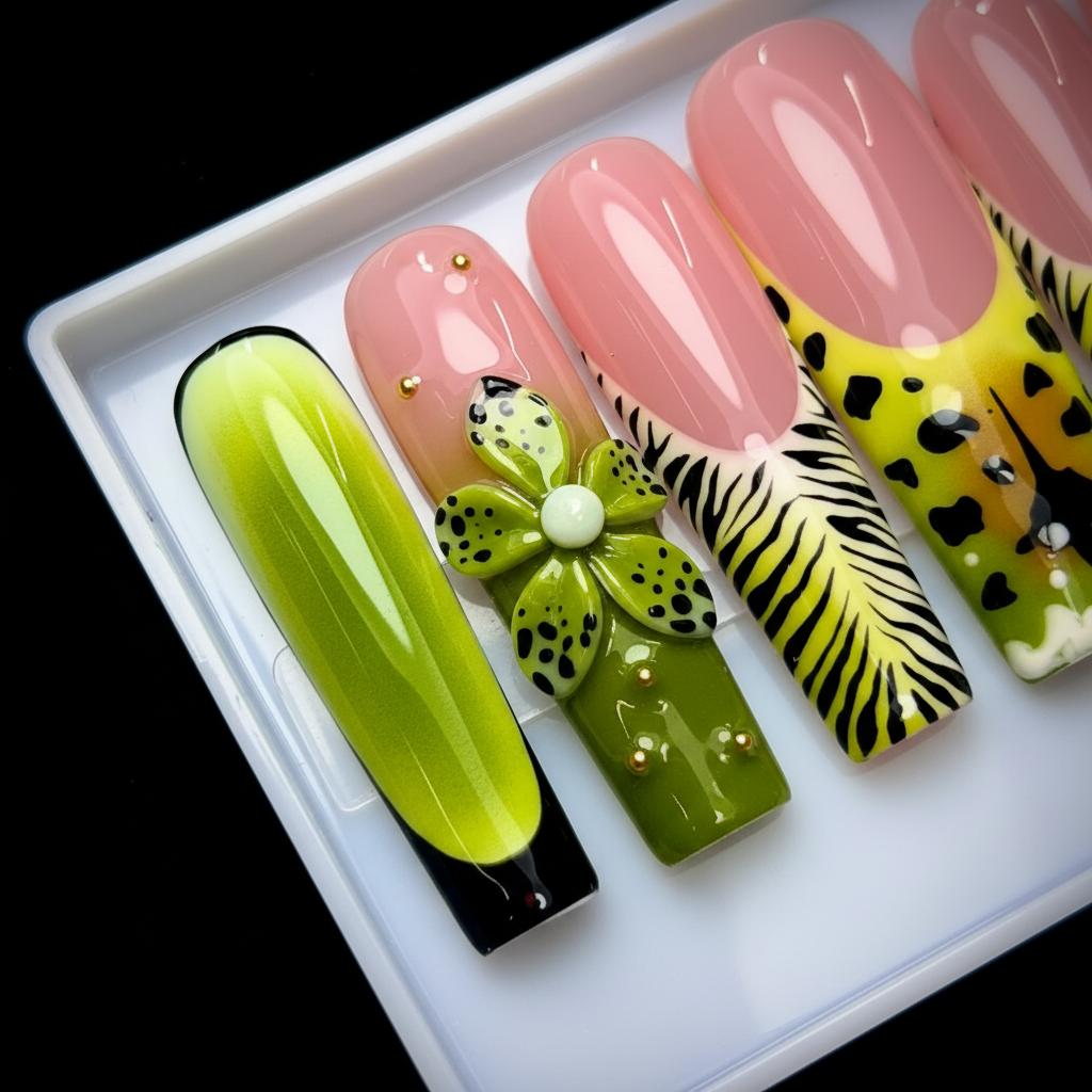 Macro close-up leopard spot zebra feather 3D green flower pearl charm lime green ombre custom press-on nails — LuxepressCo