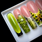 Macro close-up leopard spot zebra feather 3D green flower pearl charm lime green ombre custom press-on nails — LuxepressCo